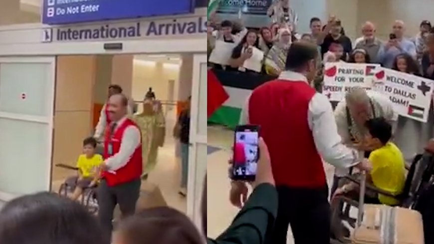 Palestinian amputee child from Gaza greeted by cheering crowd at US airport